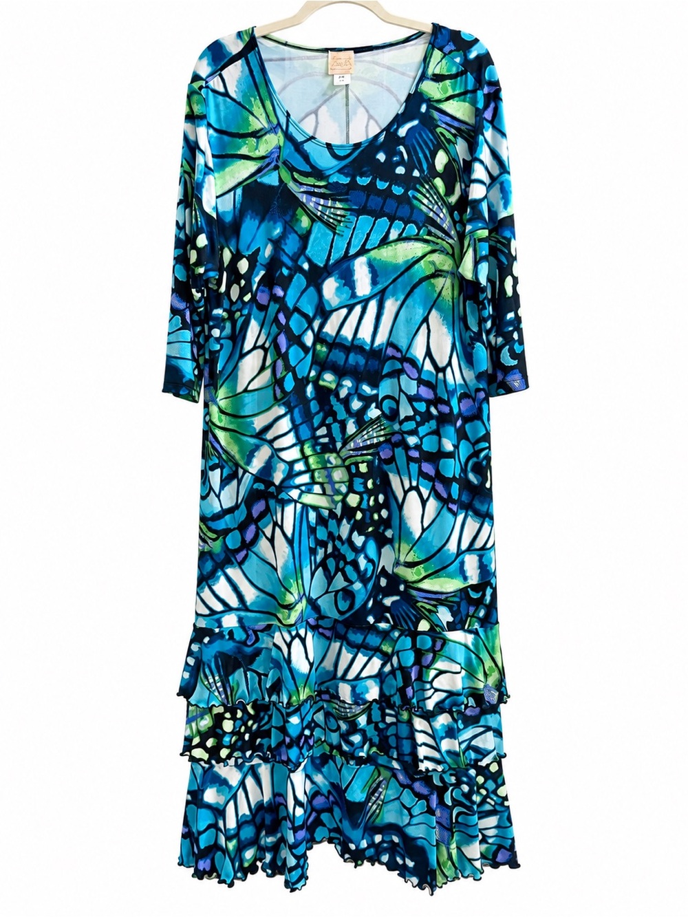 Zadie B Butterfly Maxi Dress 2X Blue Green Tiered Ruffle 3/4 Sleeve Boho